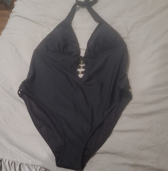 NWT City Chic CCX Gidget 1pc. WOMENS SZ 20 Black Swimsuit halter Plunge LOW back - Picture 2 of 11